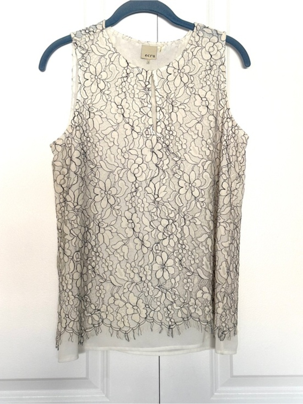 Ecru Ivory Black Floral Lace Sleeveless Lined Blouse Top Summer Lightweight - M